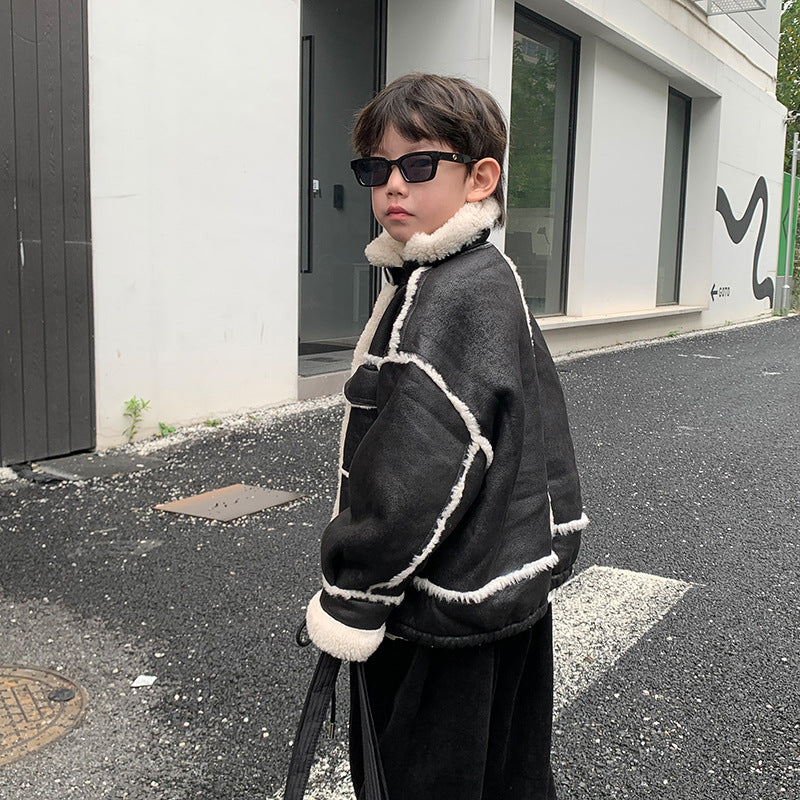 Boy's Leather Jacket Fleece Padded Coat Autumn And Winter Clothing