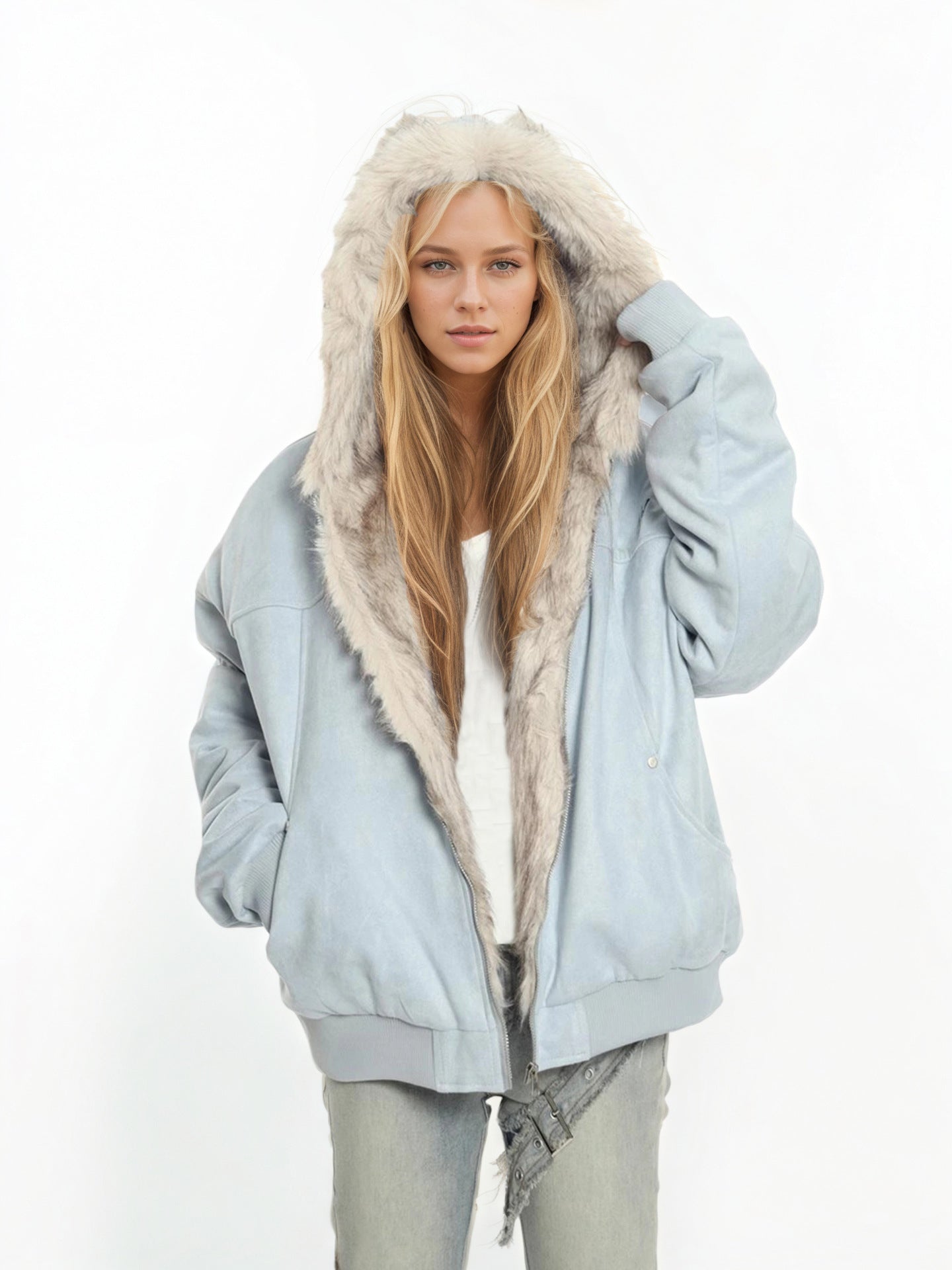 Winter Coat With A Fur Collar Made From Faux Suede For Warmth