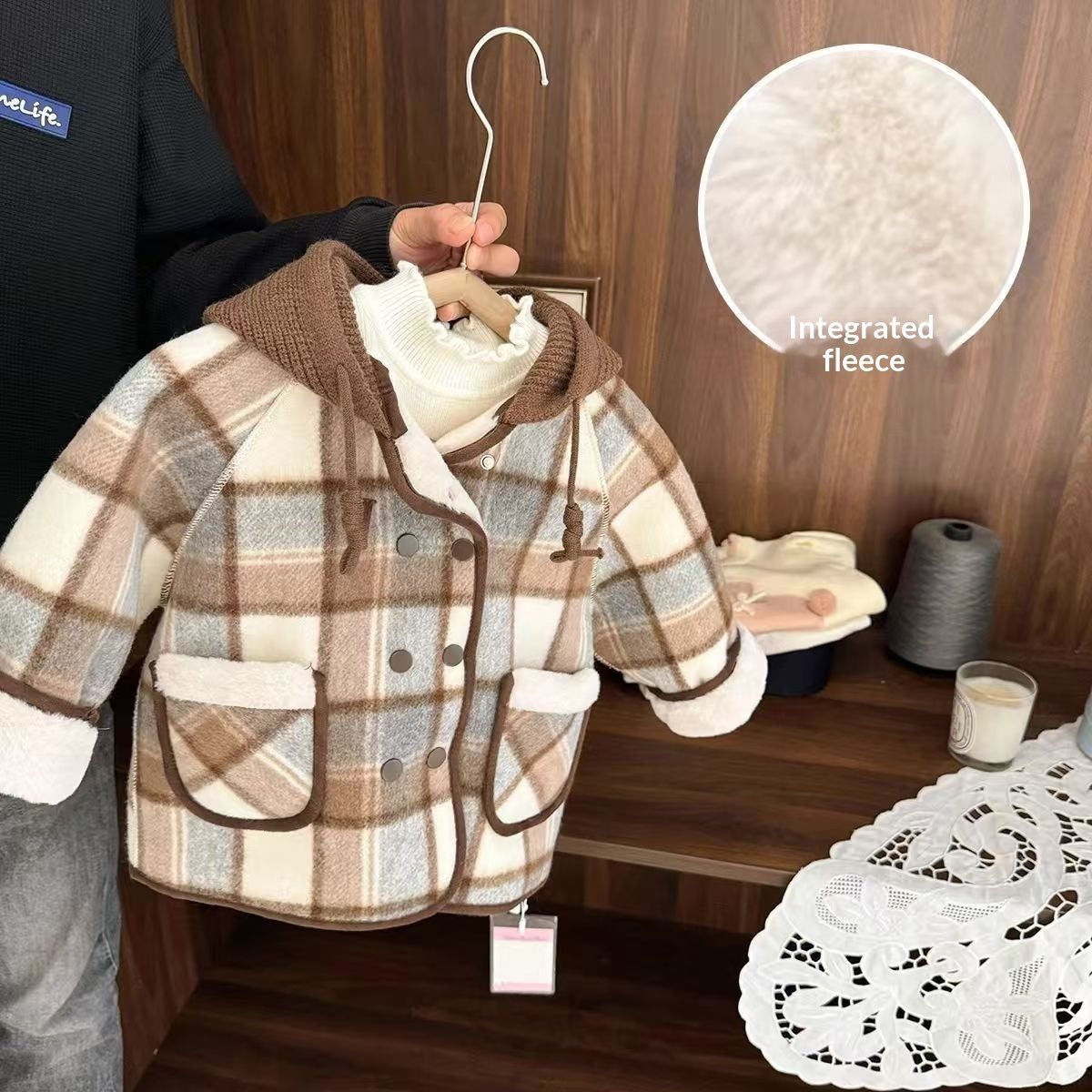 Wool Coat Fleece-lined Integrated Fleece Street-styled Plaid Winter Clothing