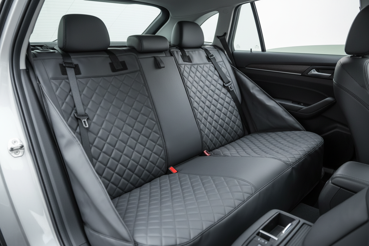 Seat cover installed in a car
Dog sitting on the cover
Fabric close-up