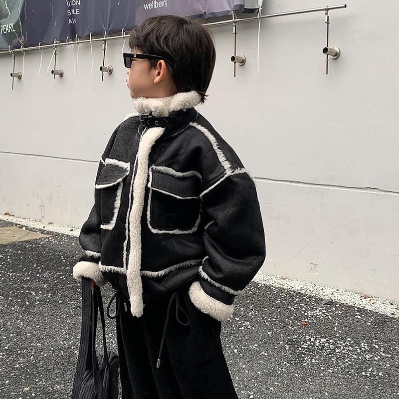 Boy's Leather Jacket Fleece Padded Coat Autumn And Winter Clothing