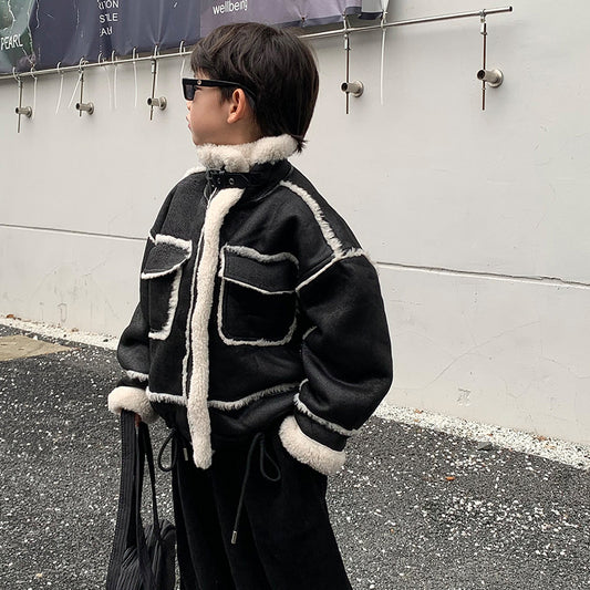 Boy's Leather Jacket Fleece Padded Coat Autumn And Winter Clothing