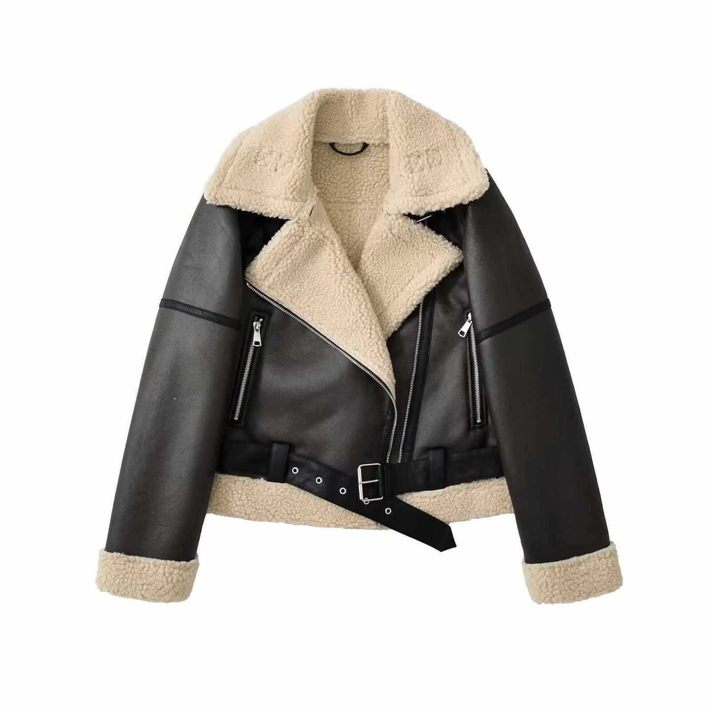 Women's Fashionable Warm Cotton Jacket Motorcycle Fur Coat