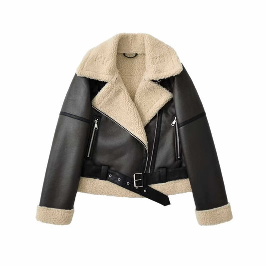 Women's Fashionable Warm Cotton Jacket Motorcycle Fur Coat