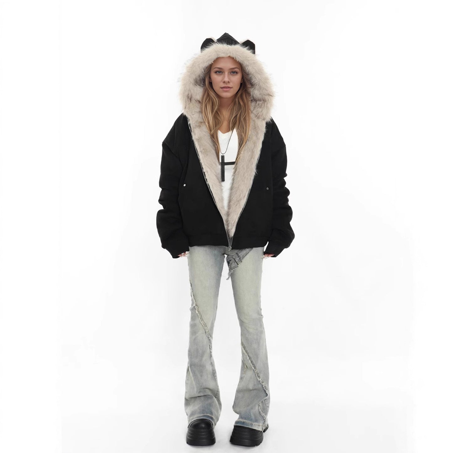 Winter Coat With A Fur Collar Made From Faux Suede For Warmth