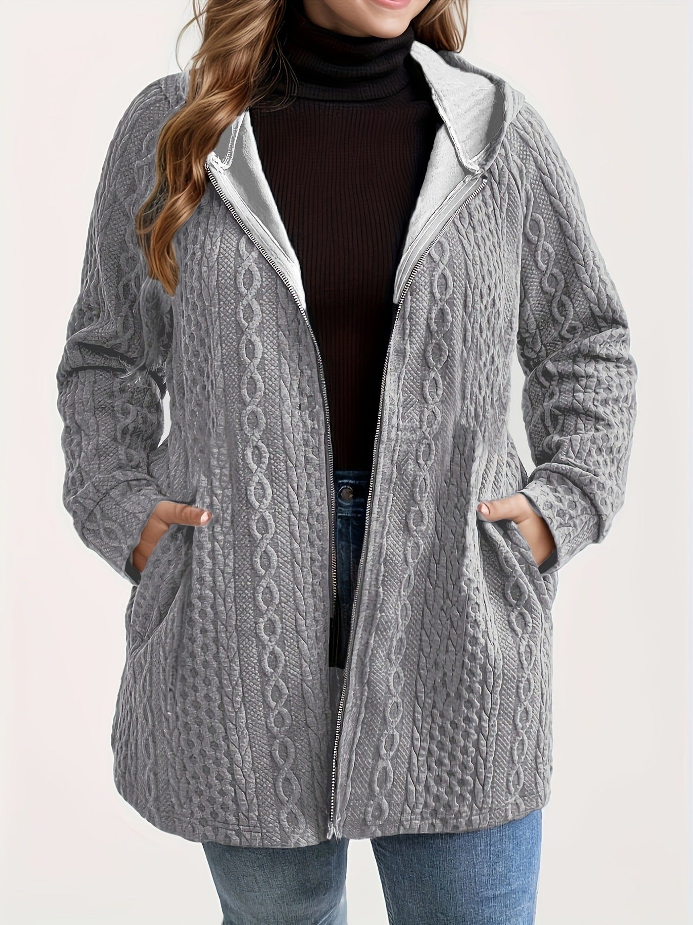 Women's Solid-Color Wavy-Pattern Patchwork Hooded Coat With Pockets