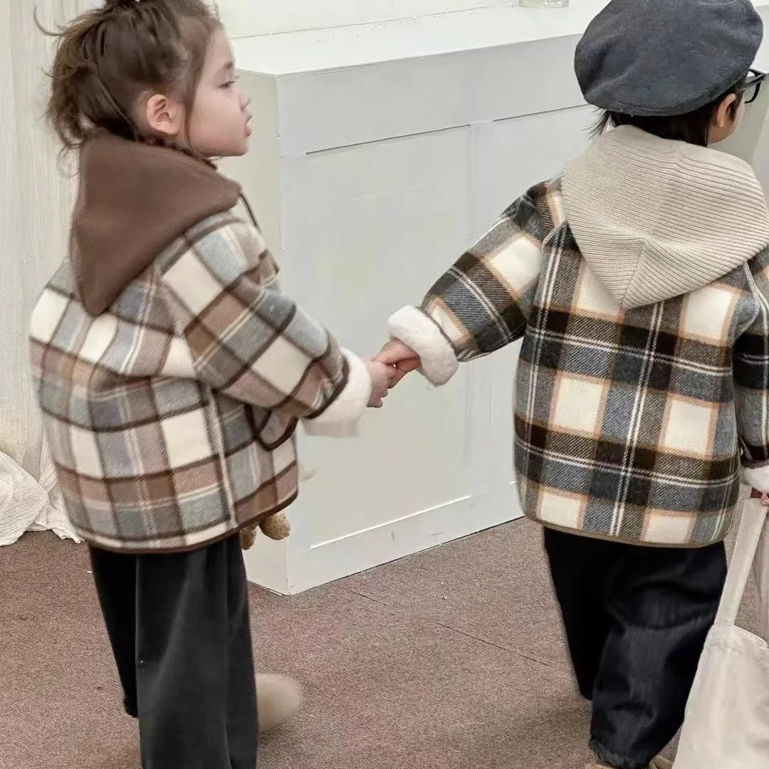 Wool Coat Fleece-lined Integrated Fleece Street-styled Plaid Winter Clothing