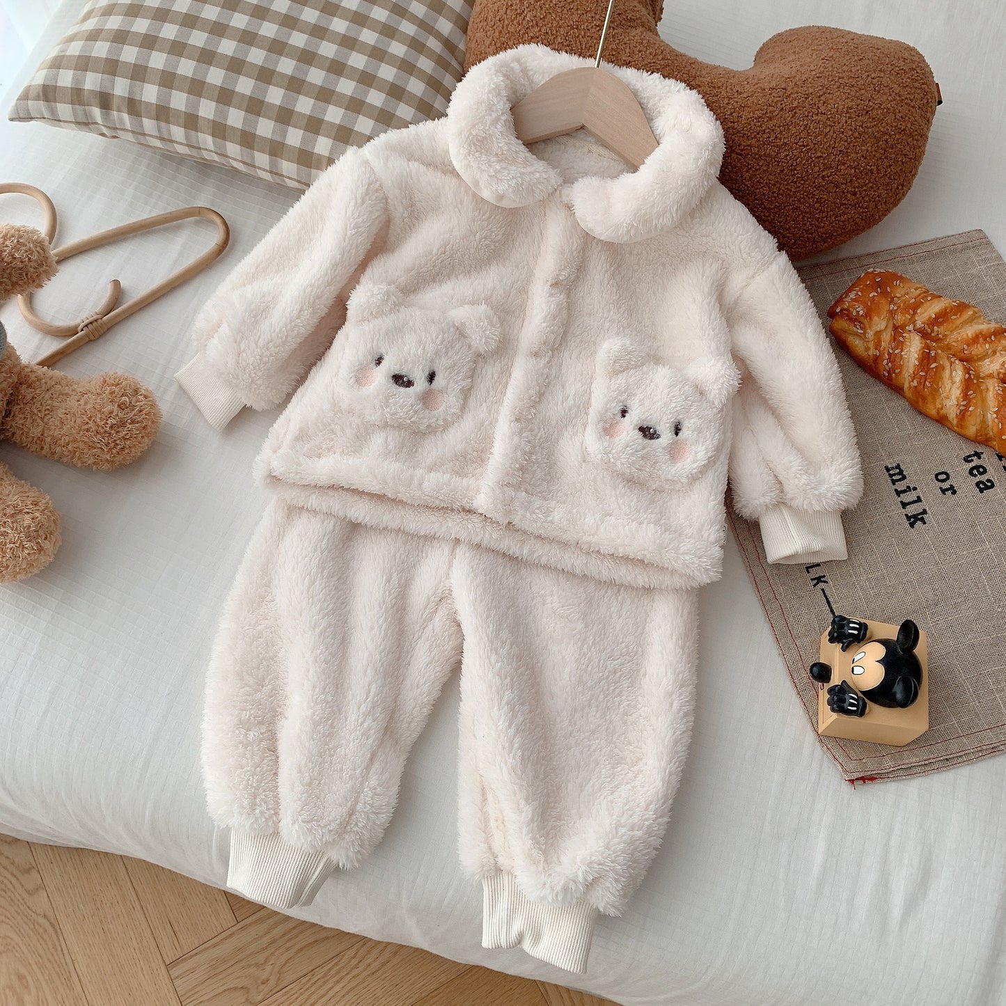 Child Bear Embroidery Suit Warm Furry Coat Trousers Two-piece Set