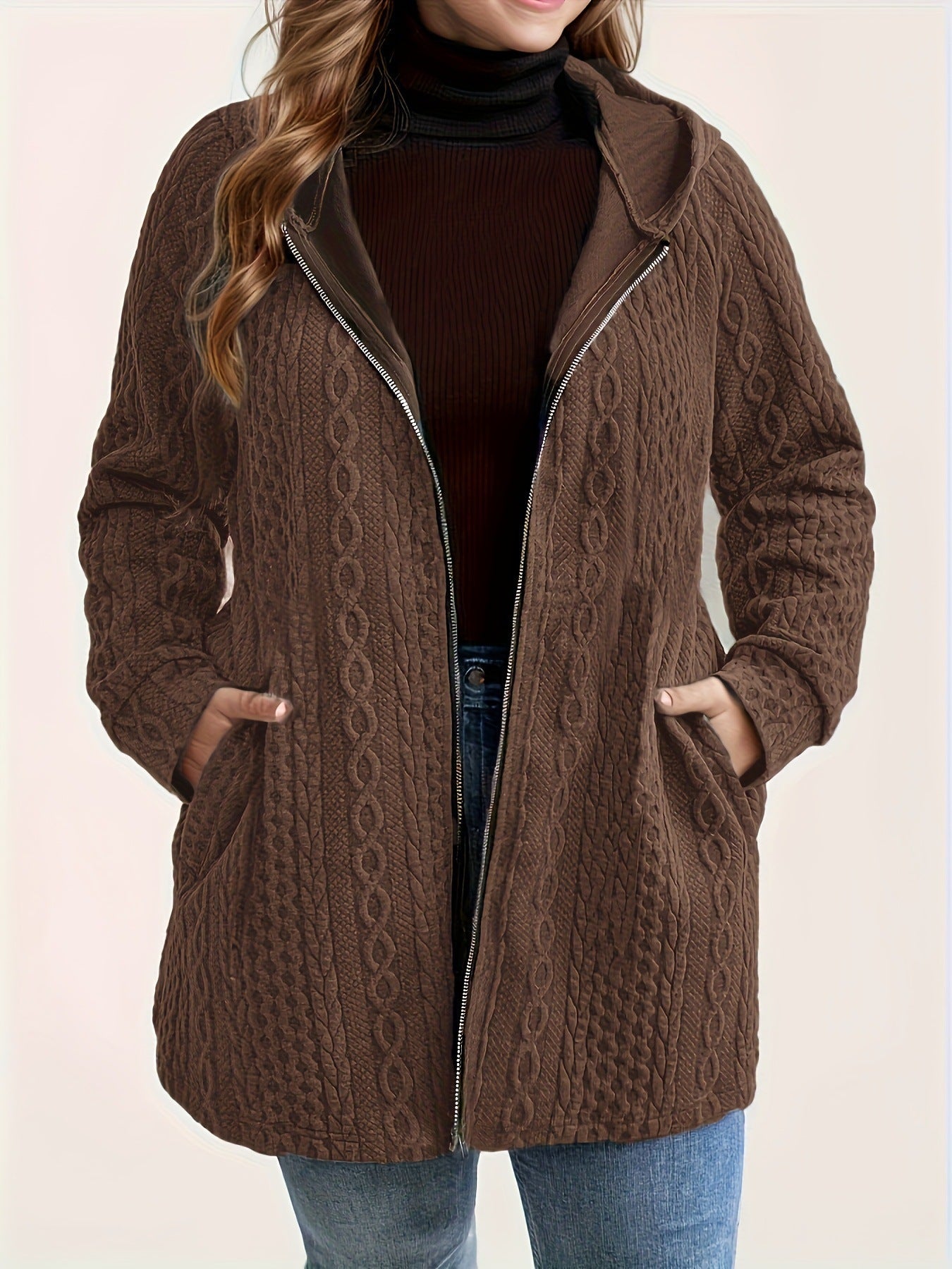 Women's Solid-Color Wavy-Pattern Patchwork Hooded Coat With Pockets