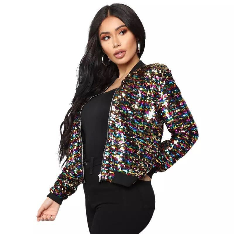 Women's Sequins Zipper Clothes Long Sleeve Cardigan Jacket