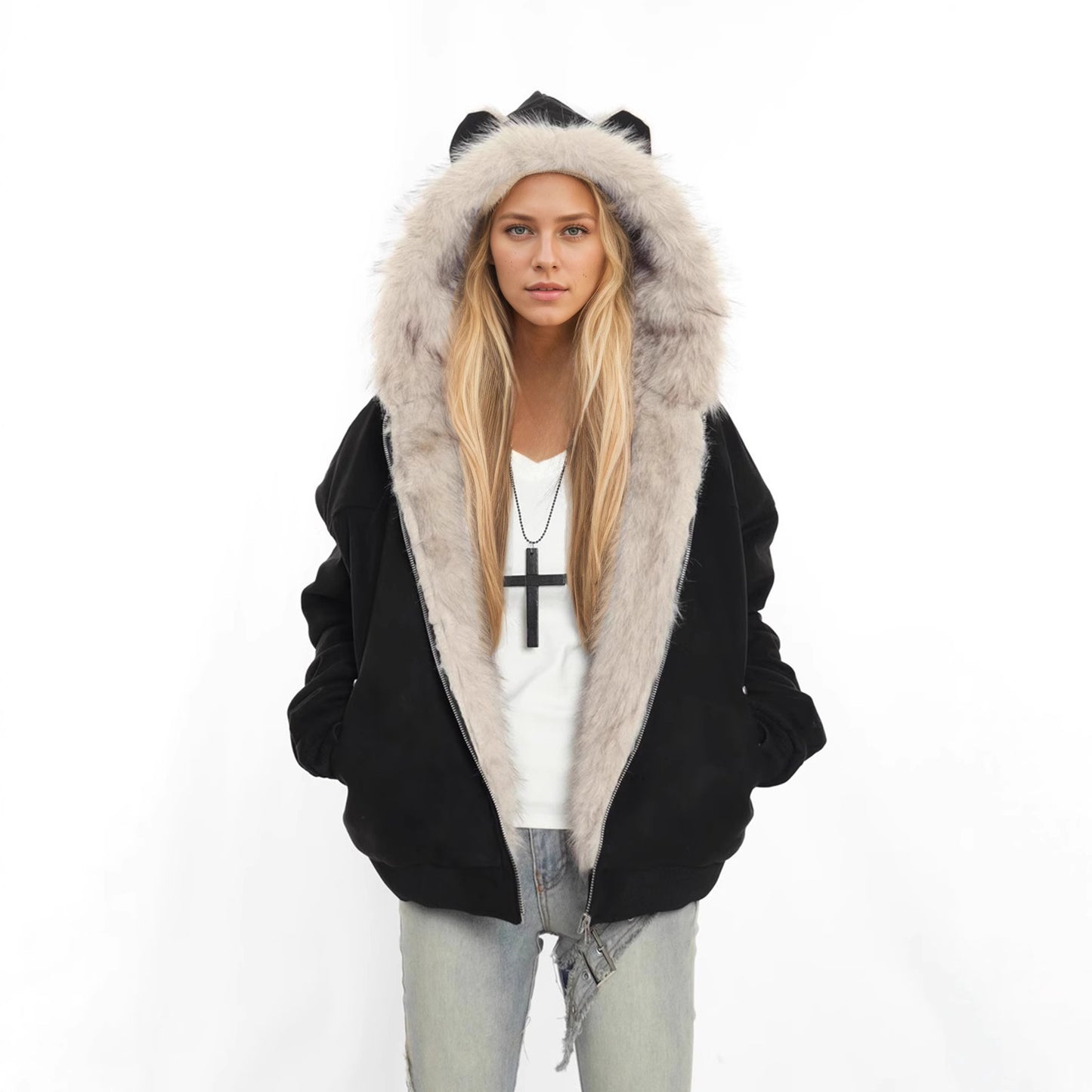 Winter Coat With A Fur Collar Made From Faux Suede For Warmth