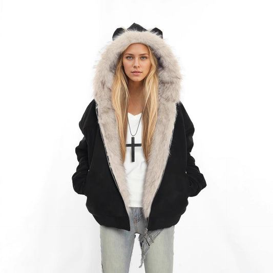 Winter Coat With A Fur Collar Made From Faux Suede For Warmth