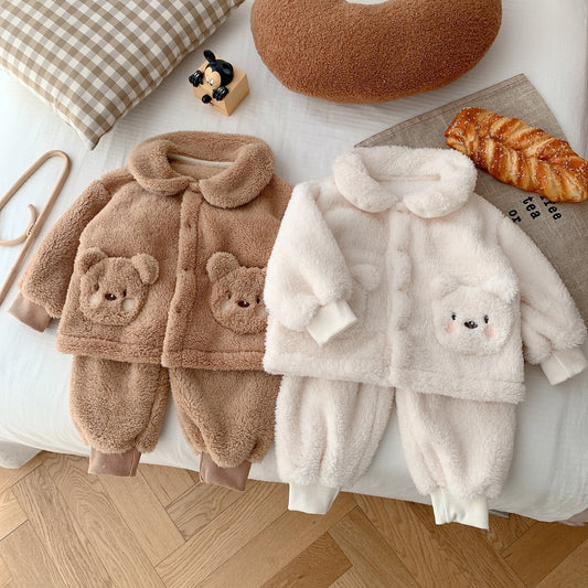 Child Bear Embroidery Suit Warm Furry Coat Trousers Two-piece Set