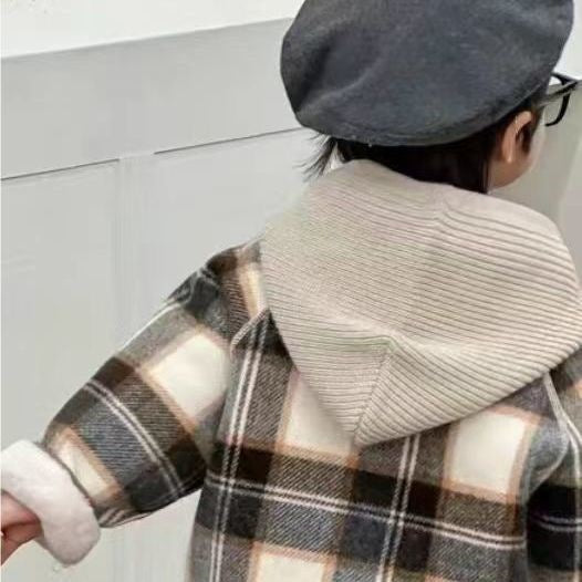 Wool Coat Fleece-lined Integrated Fleece Street-styled Plaid Winter Clothing
