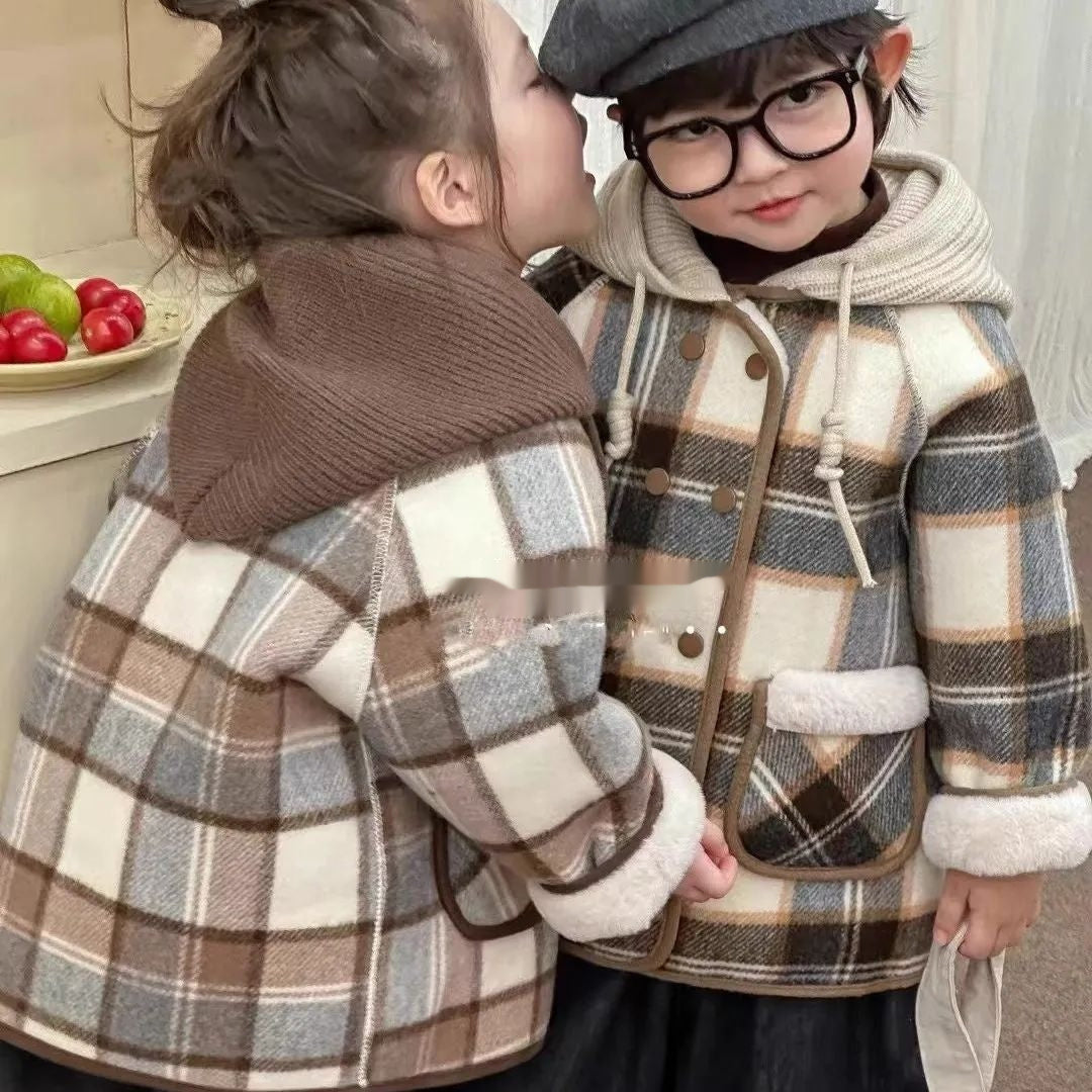 Wool Coat Fleece-lined Integrated Fleece Street-styled Plaid Winter Clothing