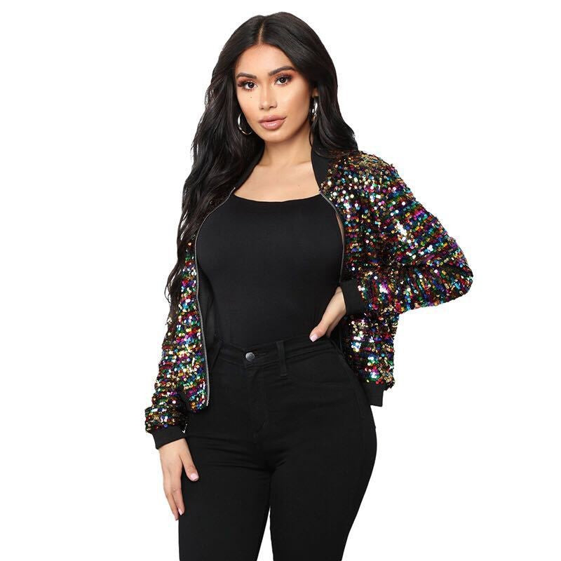 Women's Sequins Zipper Clothes Long Sleeve Cardigan Jacket