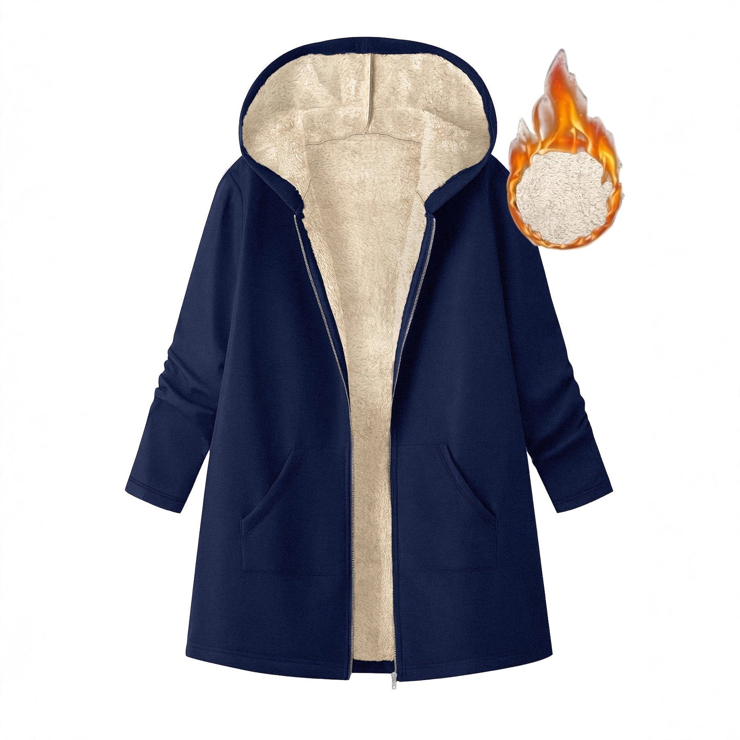 Women's Solid Color Fleece Lined Mid Length Hooded Coat