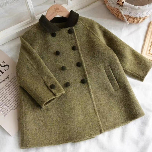 Children's Retro Army Green Woolen Coat Mid-length Woolen Coat