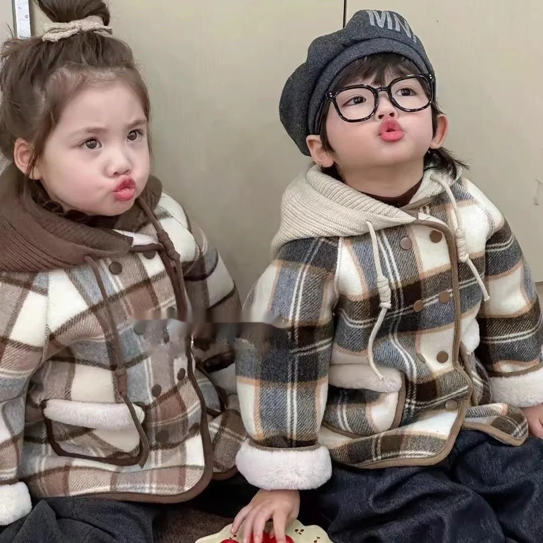 Wool Coat Fleece-lined Integrated Fleece Street-styled Plaid Winter Clothing