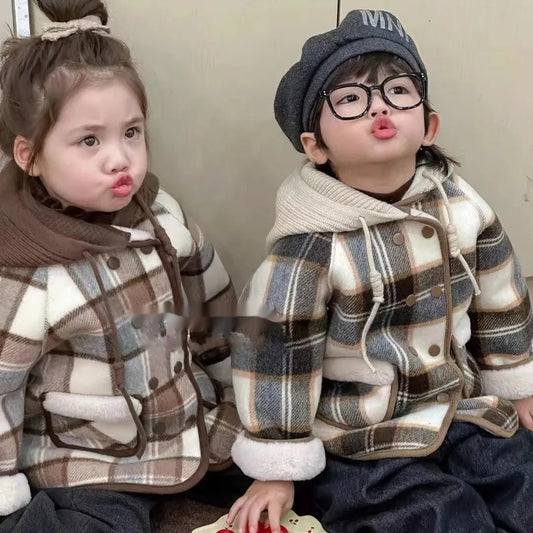 Wool Coat Fleece-lined Integrated Fleece Street-styled Plaid Winter Clothing