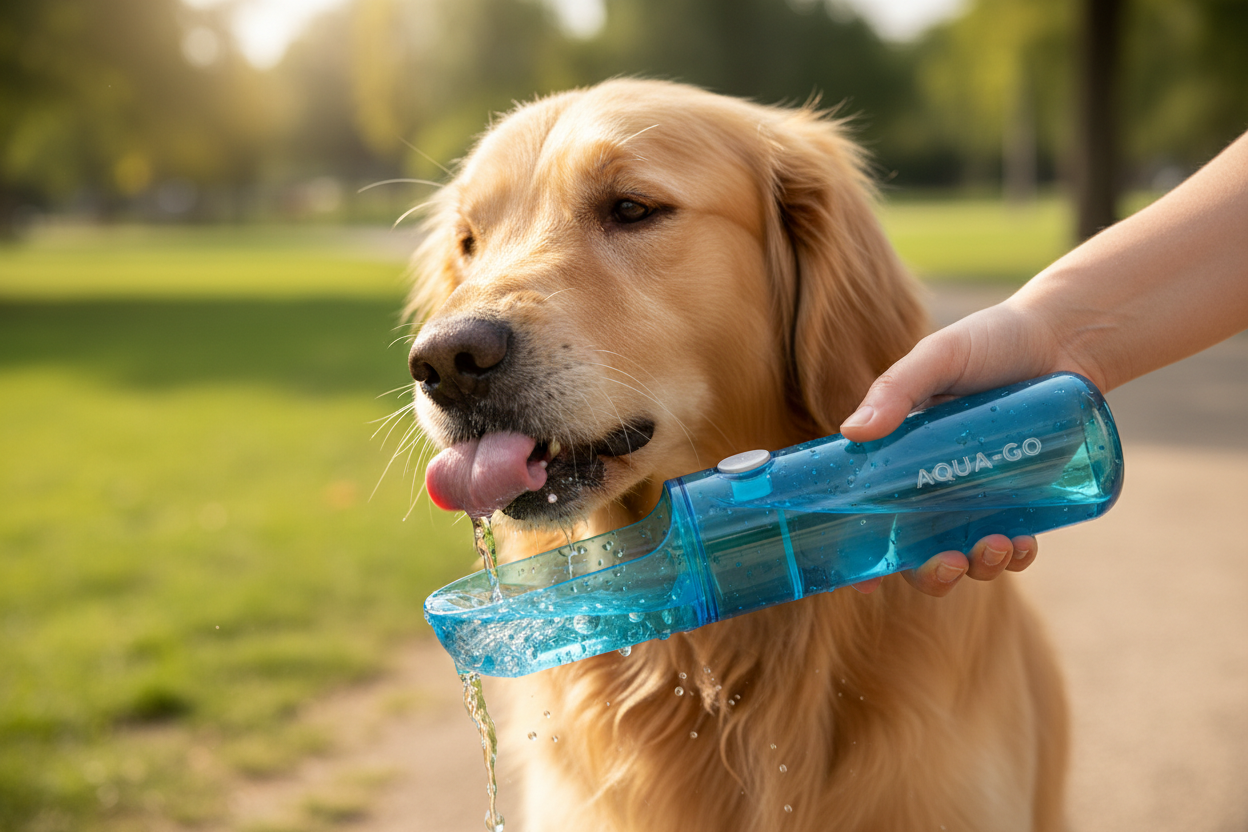 Bottle in hand

Dog drinking from it

Close-up of water dispenser