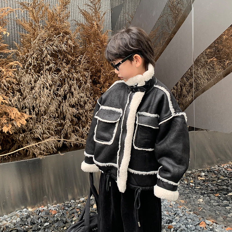 Boy's Leather Jacket Fleece Padded Coat Autumn And Winter Clothing