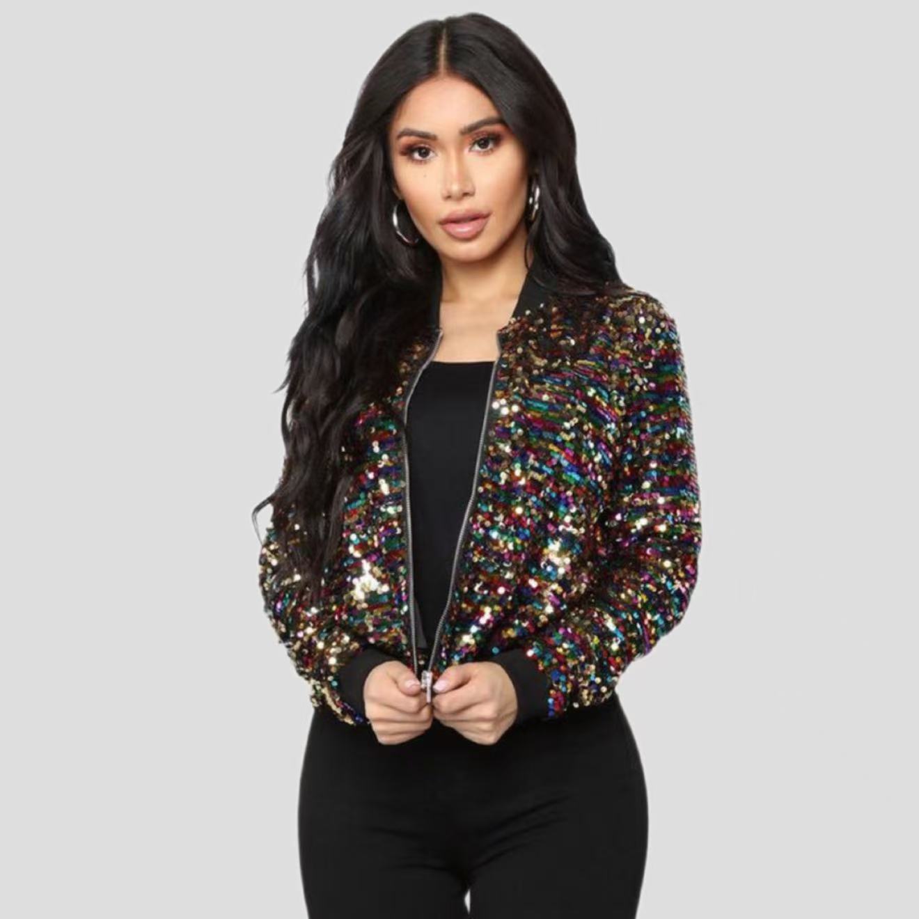 Women's Sequins Zipper Clothes Long Sleeve Cardigan Jacket