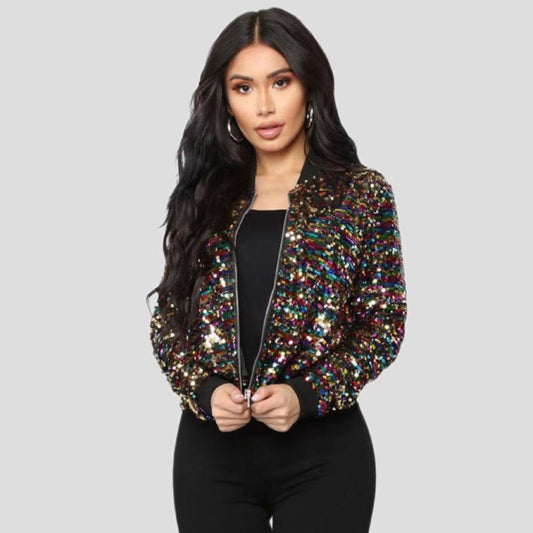 Women's Sequins Zipper Clothes Long Sleeve Cardigan Jacket