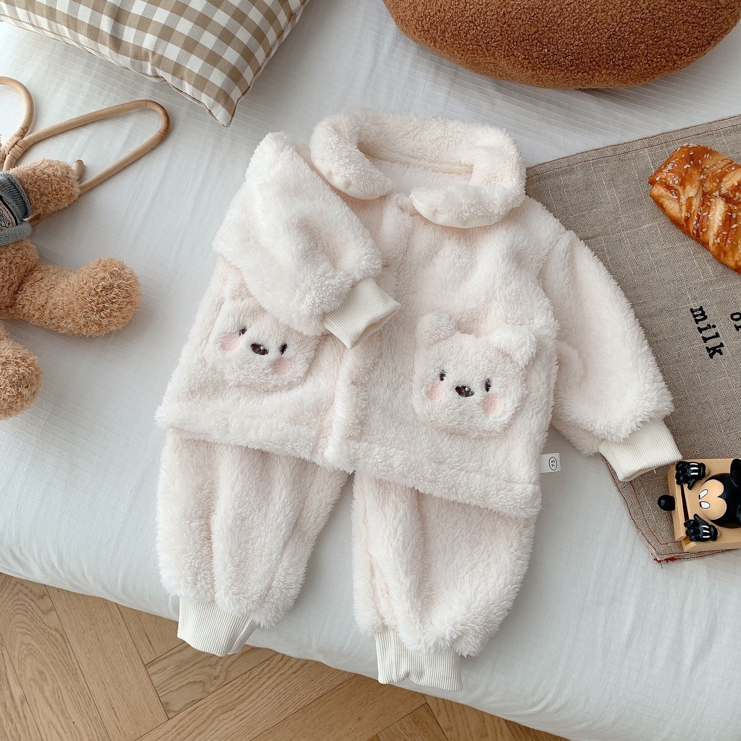 Child Bear Embroidery Suit Warm Furry Coat Trousers Two-piece Set