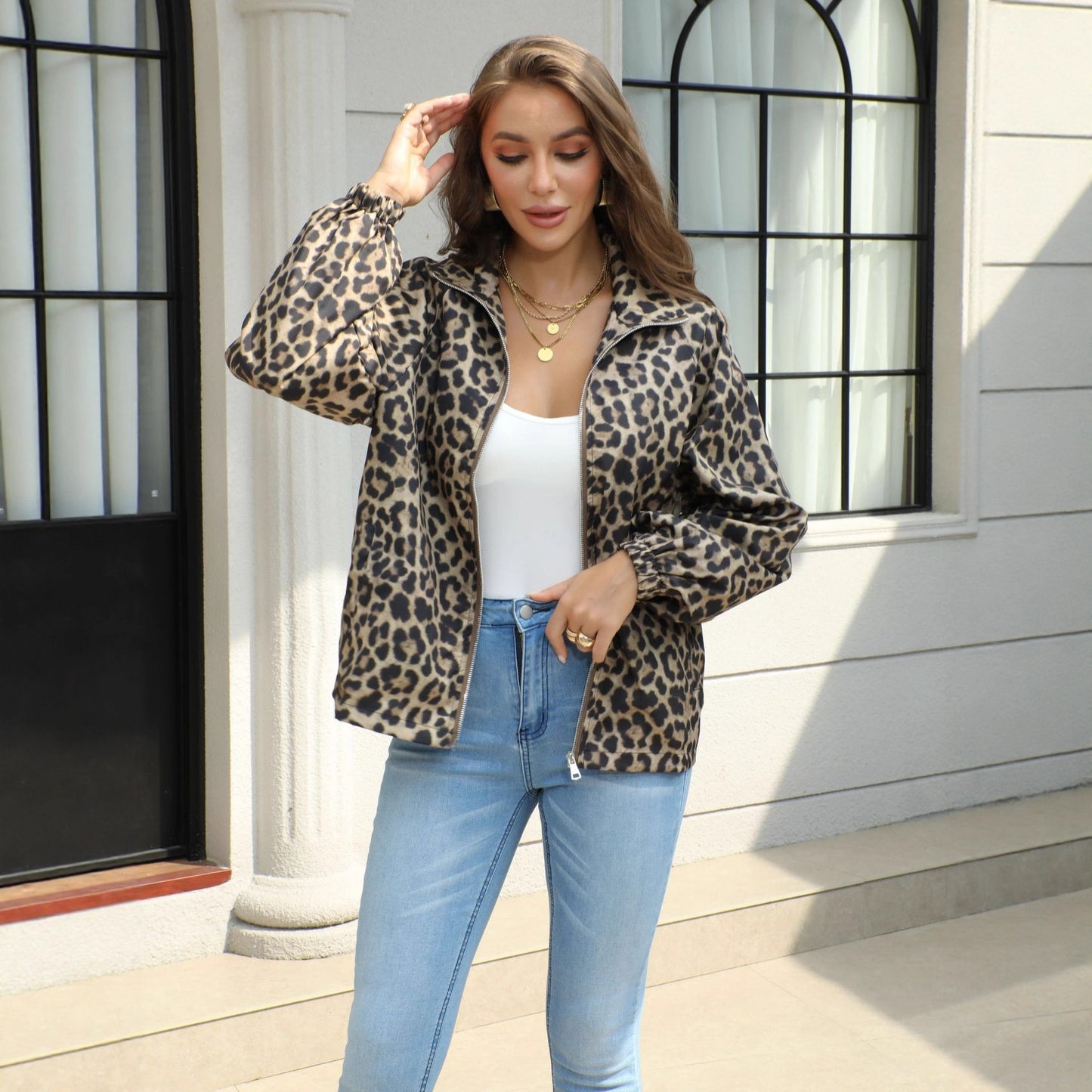 Women's Retro Loose Slimming Leopard Print Lapel Jacket