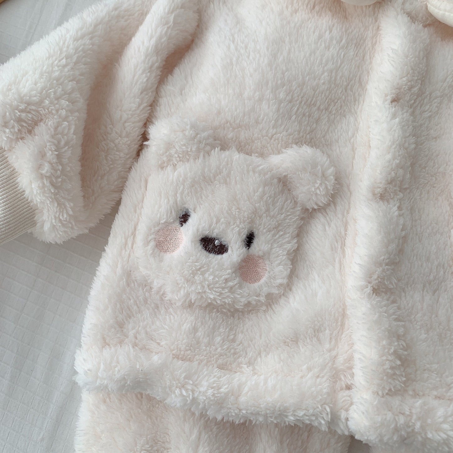 Child Bear Embroidery Suit Warm Furry Coat Trousers Two-piece Set