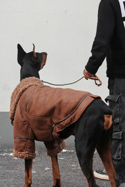 Winter Plus Velvet Pet Lapel Leather Coat For Big Dogs