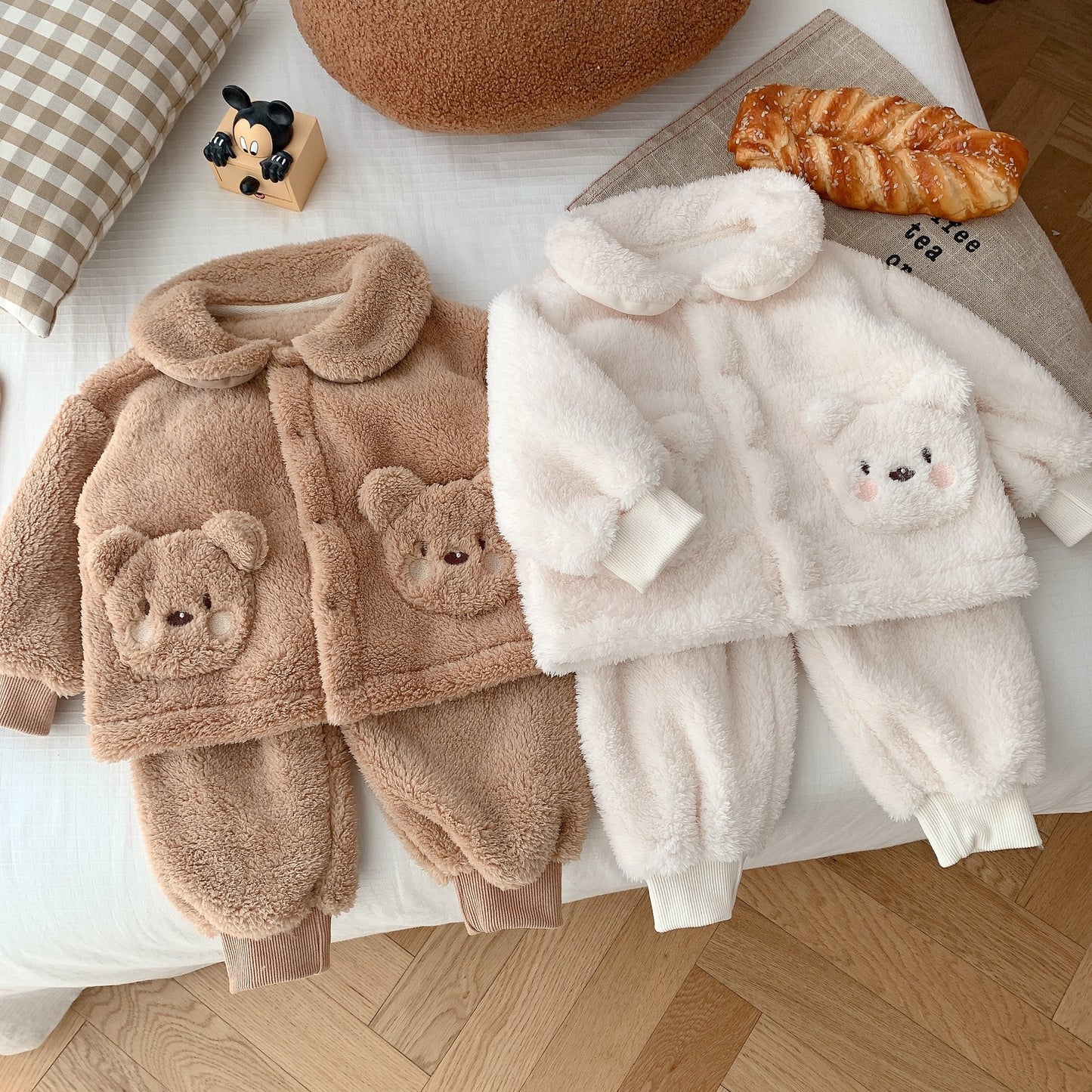 Child Bear Embroidery Suit Warm Furry Coat Trousers Two-piece Set