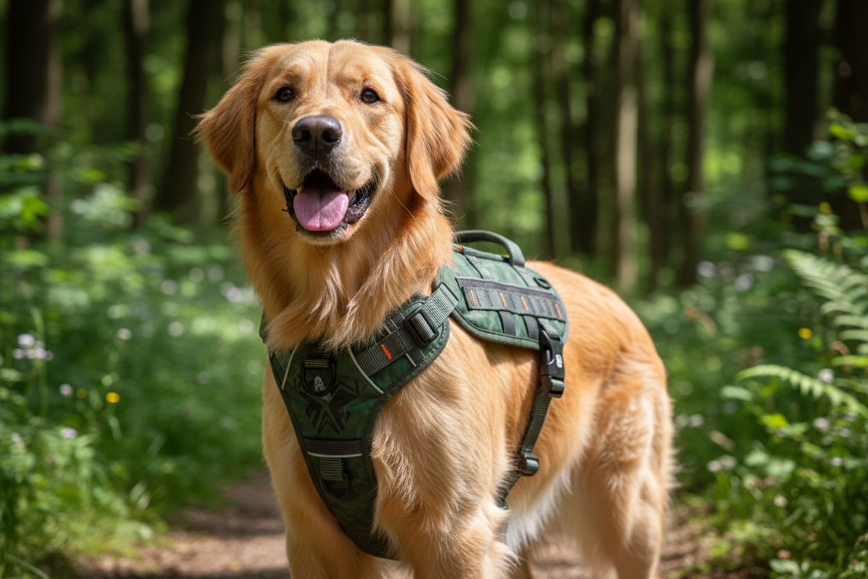 Dog wearing harness outdoors, Front/back close-up shots

Size chart infographic