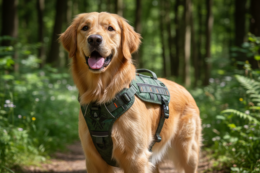 Dog wearing harness outdoors, Front/back close-up shots

Size chart infographic