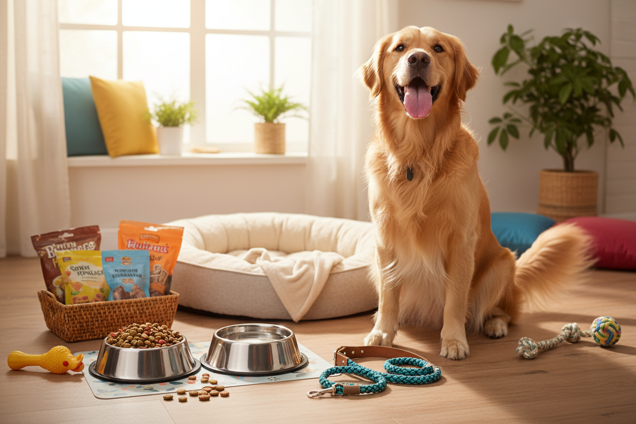 dog with its supplies happy