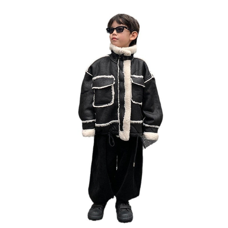 Boy's Leather Jacket Fleece Padded Coat Autumn And Winter Clothing